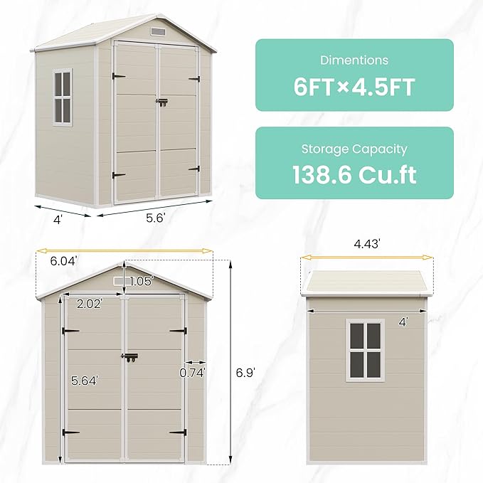 UDPATIO Outdoor Storage Shed 6x4.5 FT, Plastic Resin Outside Sheds & Outdoor Storage for Trash Can, Bike, Lawnmower, Generator, Tool Shed with Lockable Door for Backyard, Lawn, Patio, Sandstone