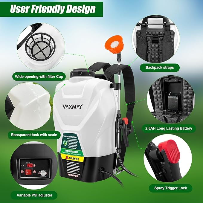 Backpack Sprayer 4 Gallon Battery Powered Garden Sprayer, VaxMay Electric Weed Sprayer Works with Makita 18V Battery, 100 PSI, Telescopic Wand, 5 Nozzles, 2.5Ah Battery&Charger Included