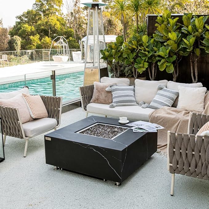 Sofia Marble Fire Pit 39.4" x 39.4" Outdoor Patio Firepit Includes Fire Glass Modern Fire Pits & Outdoor Fireplaces for Garden, Deck, Indoor & Outdoor Heating