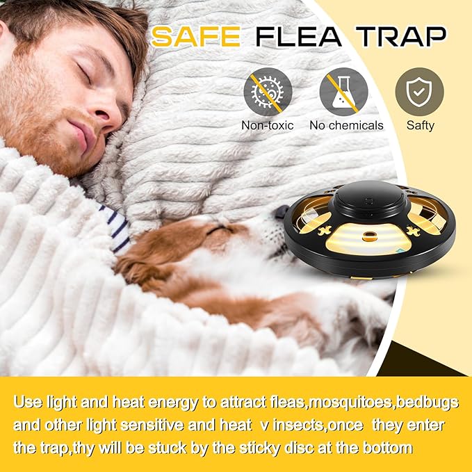 4 Pcs Flea Traps for Inside Your Home with 8 Sticky Pads, Bed Bug Tick Killer Flea Light Gnat Traps Pest Control, UV Night Light Bug Catcher for Bugs Moths Gnat Indoor and Outdoor(Black)