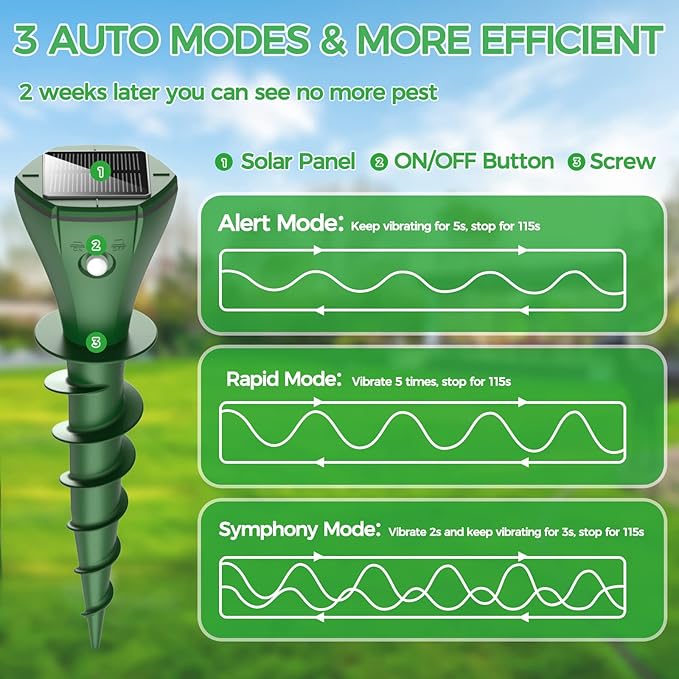 Mole Repellent Solar Powered, 4 Pack Solar Powered Mole Repellent, Groundhog Repellent for Outside, IP65 Waterproof Ultrasonic Vole Repeller Outdoor, Mole, Skunk Deterrent for Yard, Lawns, Garden