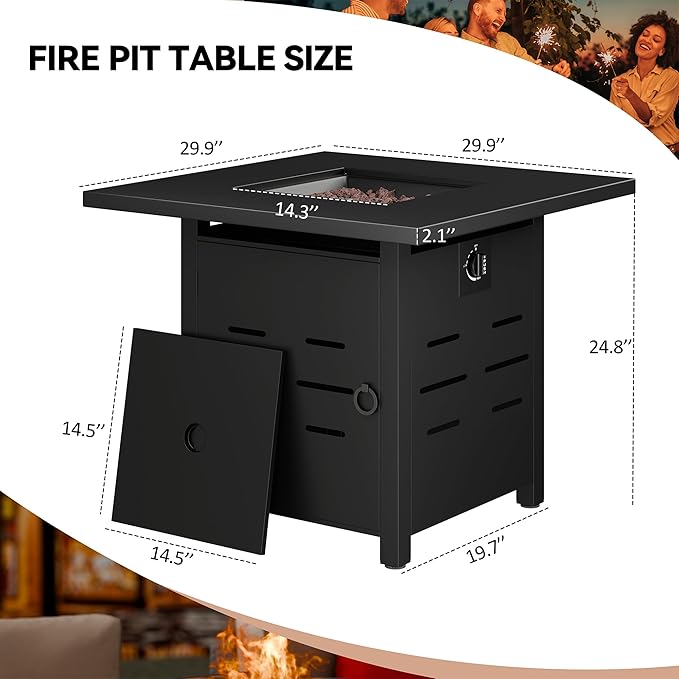 Vongrasig 30 Inch Gas Fire Pit, 50,000 BTU Propane Fire Pits for Outside, Steel Square Fire Table with Lid and Lava Rock, Patio Deck Garden Backyard