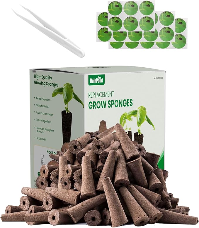 RAINPOINT 52 Pack Grow Sponges for Hydroponics - Hydroponic Sponges for Aerogarden and All Brand - with 52 PCS Grow Spongesn, 52 PCS Light-Blocking Paper, 1 PCS Tweezers