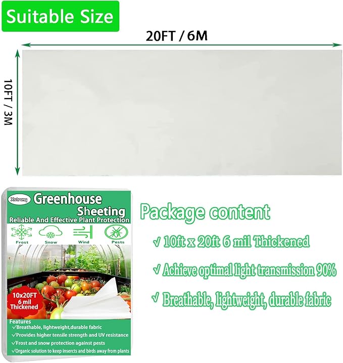 10FTx20FT Greenhouse Plastic Sheeting, 6 Mil Thick Clear Polyethylene Film, Waterproof Wind Frost Dust UV Resistant Green House Plastic Covering for Outdoor Plant, Garden, (10ft x 20ft)