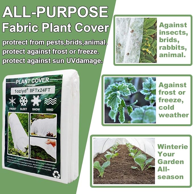 Plant Covers, 8Ft x 24Ft Reusable Floating Row Cover, 1oz Freeze Protection Plant Blankets for Cold Weather, Garden Winterize Cover for Winter Frost Protection, Thickened 1 oz Garden Quilt Cover