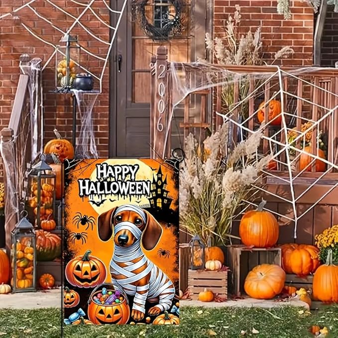 Halloween Trick or Treat Garden Flag,Halloween Garden Flag with Mummy Dachshund and Pumpkins,halloween garden flags for outside, 12x18 Inch Festive Yard Decoration