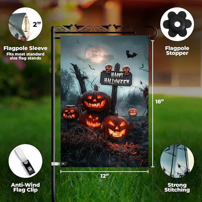 Happy Halloween Garden Flag 12x18 – Double Sided Burlap Fall Outdoor Flag with Jack-o'-Lanterns, Skulls, Bats & Graveyard Scene