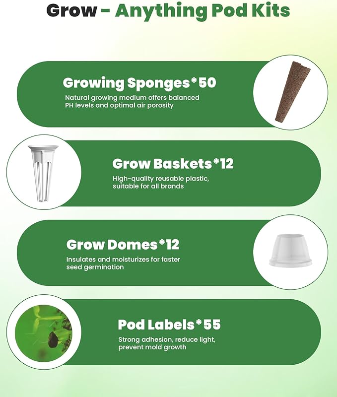 RAINPOINT 130pcs Seed Pod Kit, Complete Hydroponics Supplies for All Brands, Grow Anything Kit With 50 Sponges, 12 Baskets, 55 Pod Labels, 12 Domes for Hydroponics Growing System