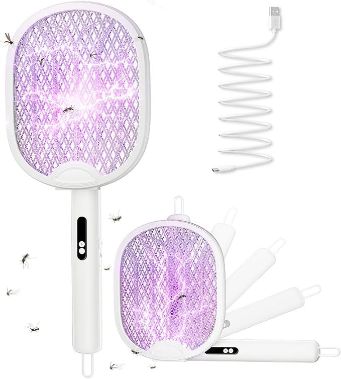 Electric Fly Swatter 3 in 1 Bug Zapper Racket with 4000V 1800mah Battery 5-Layer Safety Mesh 180° Foldable Electric Mosquito Swatter Suitable for Indoor or Outdoor