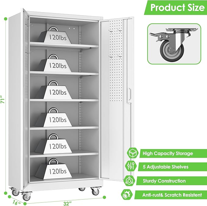 Rolling Tool Storage Cabinet with 5 Adjustable Shelves and Pegboard,Metal Garage Storage Cabinet with Wheels for Garage Home Office Utility Room,Required Assembly, 71" H×32" W×16" D,White