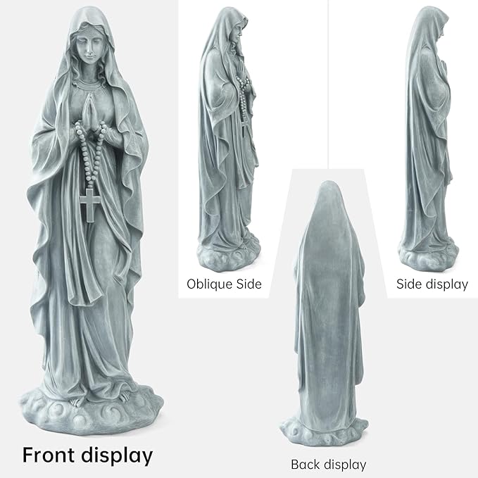 Virgin Mary Praying Statue 31.49 Inch Tall Outdoor Garden Religious Garden Outdoor Yard Patio Deck Home Entryway Hallway Sculpture Magnesium Oxide Stone （Grey Virgin）