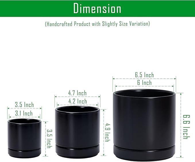 D'vine Dev 3 Inch & 4 Inch & 6 Inch, Set of 3 Round Ceramic Planter Pot with Drainage Hole and Saucer, Black, 94-T-S-2