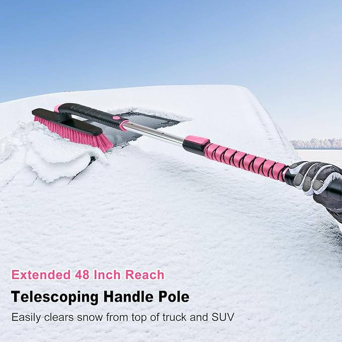 HEEYA 48 Inch Long Snow Brush for SUV, Extendable Ice Scraper and Brush with Foam Grip, 360° Pivoting Snow Car Brush for Truck Auto Jeep RV Vehicle Windshield Window - Pink