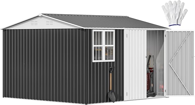 DWVO 10' x 10' Outdoor Storage Shed, Waterproof Metal Garden Shed with Windows, Lockable Doors, and Sloped Roof for Patio, Backyard, Lawn, Tool Storage, Bike Shed, Pet Shelter (Gray + White)