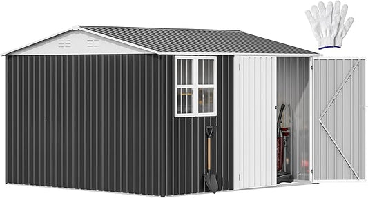 DWVO 10' x 10' Outdoor Storage Shed, Waterproof Metal Garden Shed with Windows, Lockable Doors, and Sloped Roof for Patio, Backyard, Lawn, Tool Storage, Bike Shed, Pet Shelter (Gray + White)