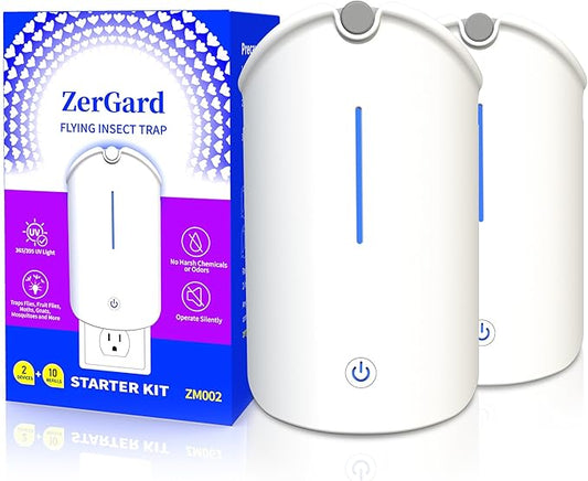 Flying Insect Trap, ZerGard Indoor Plug in Bug Catcher with UV Light (2 Devices+10 Refills) Captures Mosquito Gnat Moth Fruit Flies for Kitchen, Living Room, Bedroom, ZM002
