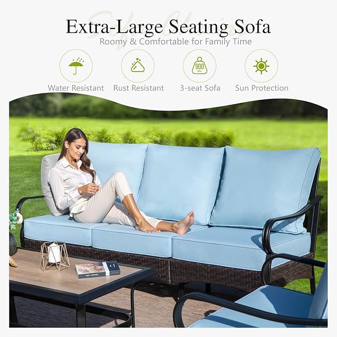 Sophia & William Patio Furniture Set, 5 Piece Metal Outdoor Conversation Set with 3-Seater Outdoor Couch, 2 Swivel Chairs, 1 Loveseat,1 Coffee Table for Outdoor Seating, Backyard, Porch(Blue)