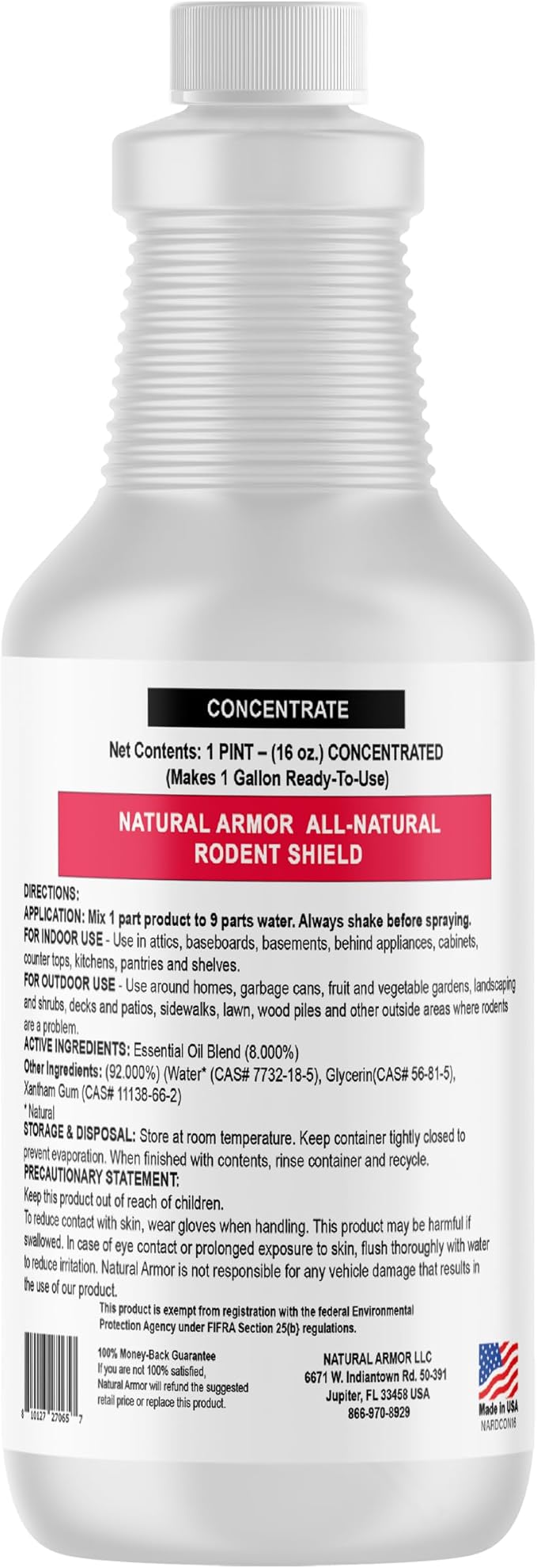 Natural Armor Peppermint Repellent 16oz Concentrate for Mice/Mouse, Rats & Rodents - Powerful Peppermint Oil Repellent Makes 1 Gallon of Ready to Use Repellent Spray Formula