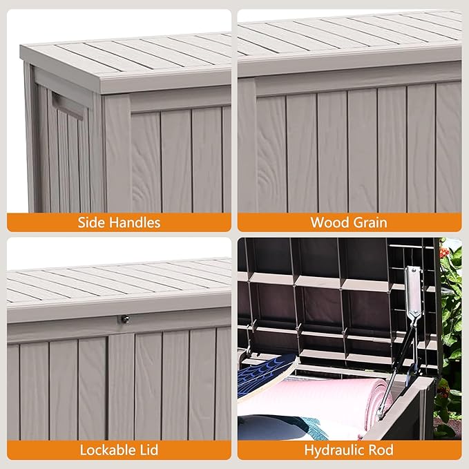 Modern-Depo 120 Gallon PP Deck Box Waterproof Outdoor Storage Box with Lockable Lid, Bench Organization Container for Patio Furniture Cushions, Garden Tools, Pool Supplies, Gray