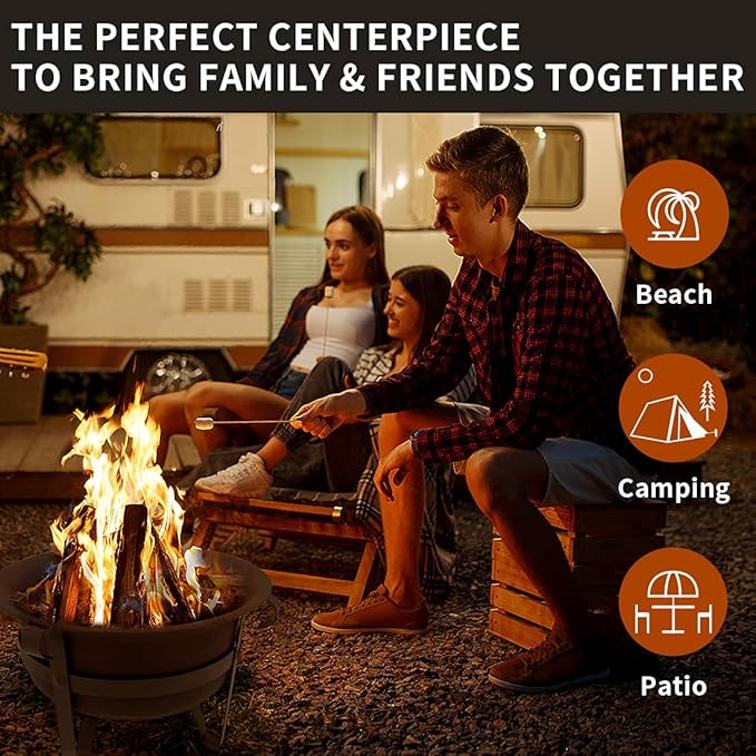 Wostore Wood Burning Fire Pits for Outside 23.5 Inch Portable Bronze Cauldron Camping Bonfire Patio Backyard Fireplace with Spark Screen and Poker