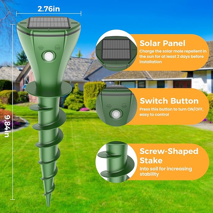 4 Pack Mole Repellent Solar Powered, IP65 Waterproof Snake Repellent for Yard, Ultrasonic Deterrent Outdoor, Rabbit, Skunk, Gopher, Groundhog, Chipmunk, Vole, Armadillo Repeller for Lawns Garden