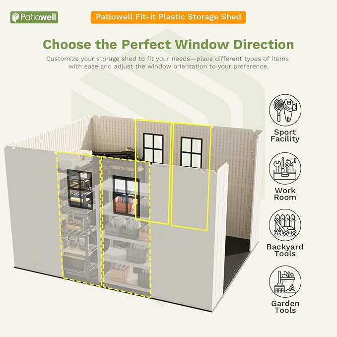Patiowell 8x10 FT Plastic Shed Outdoor Storage Shed with Floor, Resin Garden Tool Shed Lockable Door & Two Windows for Patio, Backyard, Bike & Organizer, Beige