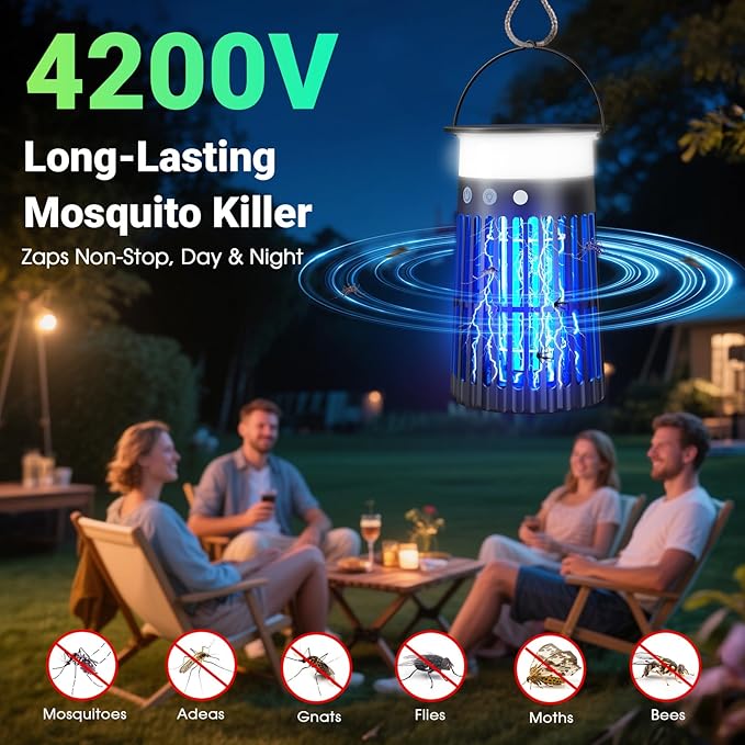 Solar Bug Zapper Outdoor Waterproof, 4 in 1 Solar Mosquito Zapper Outdoor, Cordless Solar Fly Zapper with RGB, Flame Light and LED Camping Lantern
