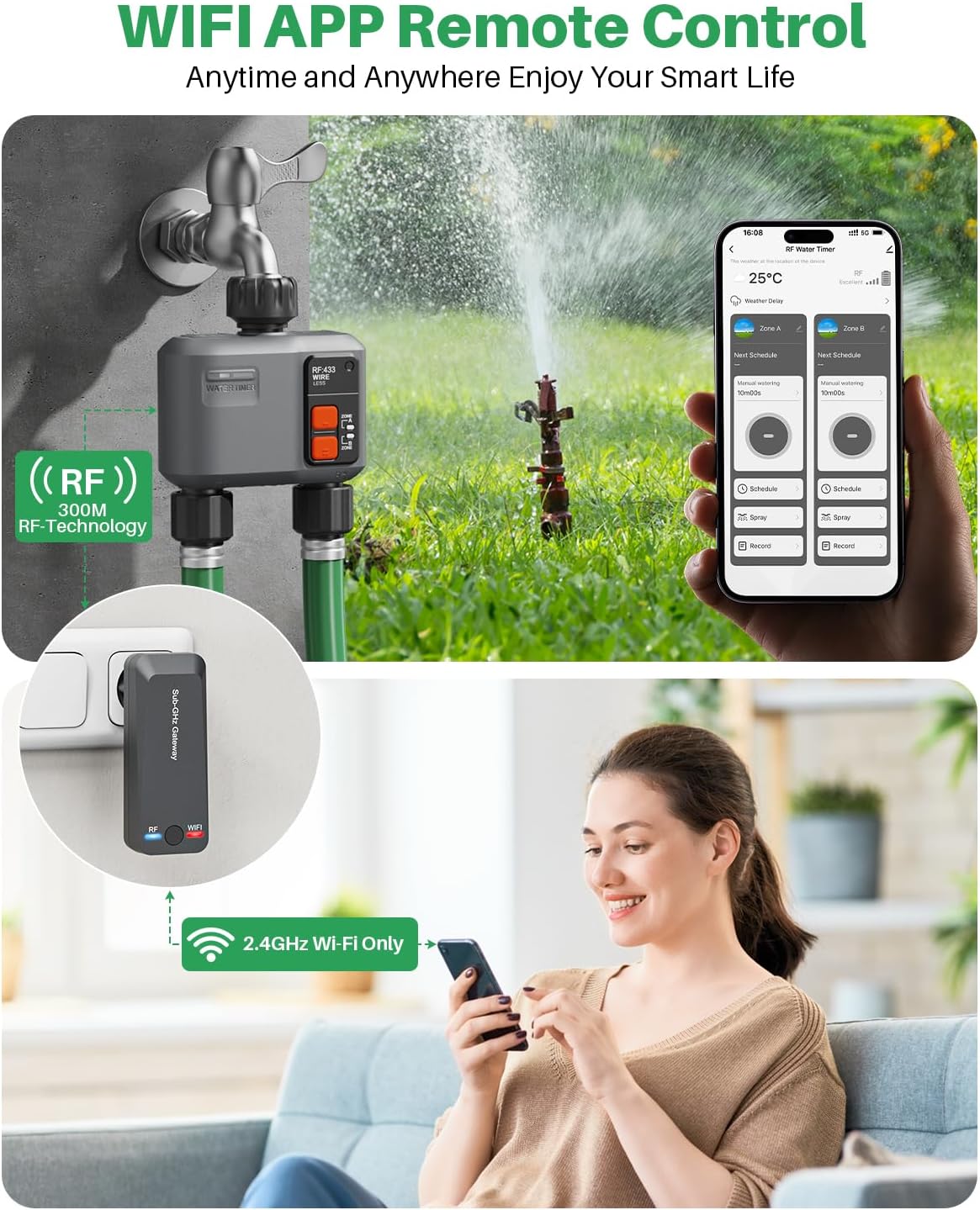 WiFi Sprinkler Timer 2 Zone with 984 Feet RF Gateway, 2 Pack Smart Water Timer for Garden Hose with Rain Delay/Manual/Automatic,WiFi Water Hose Timers for Garden & Lawns