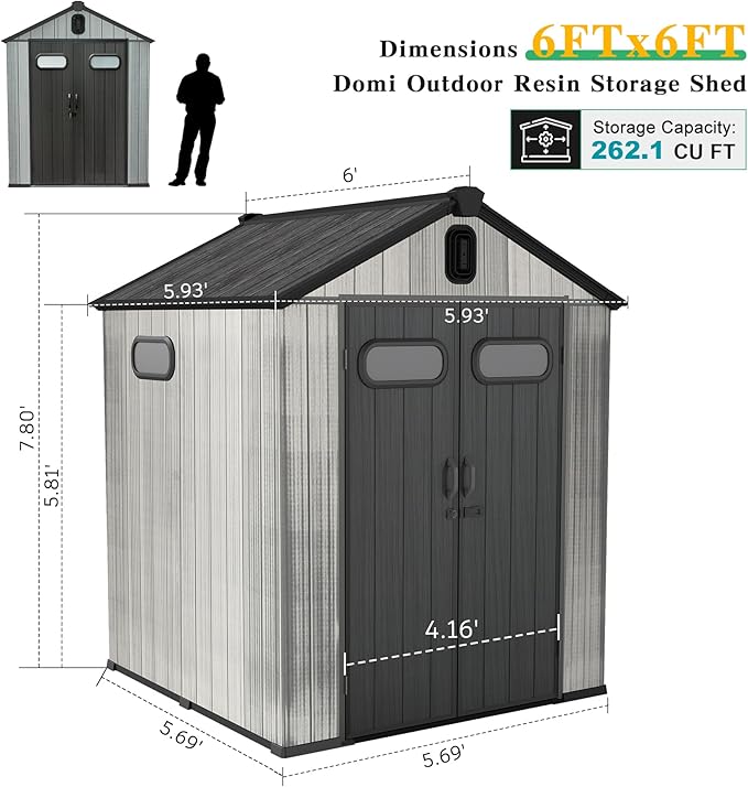 Domi 6x6FT Resin Outdoor Storage Shed with Lockable Door, Waterproof Outside Sheds with Windows & Vents, Heavy-Duty Plastic Tool Storage Shed for Patio Furniture, Lawn Mower, Bike