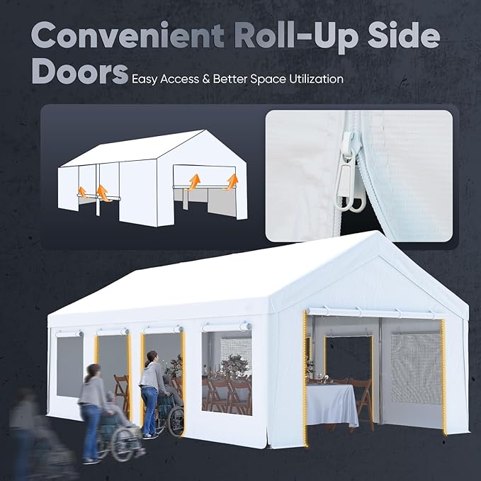 Quictent Heavy Duty 13x25 ft Carports with Side Zipper Doors & Snowproof Steel Cables & Ventilated Windows, Waterproof Storage Shelter for Car, Boat, RV, Outdoor Equipment, White