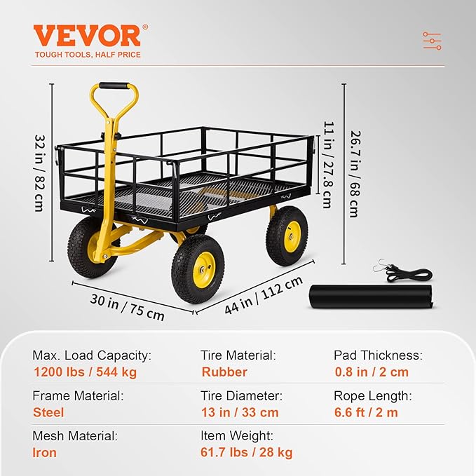 VEVOR Steel Garden Cart, Heavy Duty 1200 lbs Capacity, with Removable Mesh Sides to Convert into Flatbed, Utility Metal Wagon with 2-in-1 Handle and 13 in Tires, Perfect for Garden, Farm, Yard