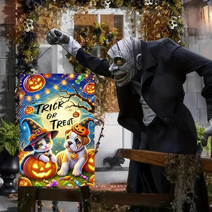 Halloween Garden Flag Double Sided 12x18 Flag Halloween Cat Dog Pumpkin Garden Flag Cute Halloween Dressed Kitten And Puppy Trick Or Treat Theme Indoor Outdoor Home Garden Decor Lawn Banner