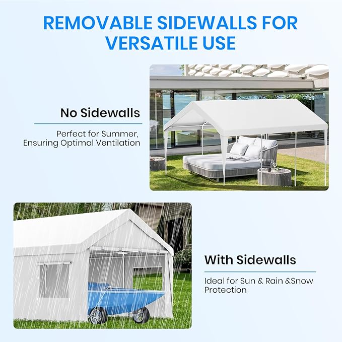 Carport 10x20 FT Heavy Duty, Outdoor Portable Garage with Removable Sidewalls & Doors, Waterproof, UV-Resistant Canopy Shelter for Vehicles, Boats, RVs, Trucks, All-Season Car Port,White