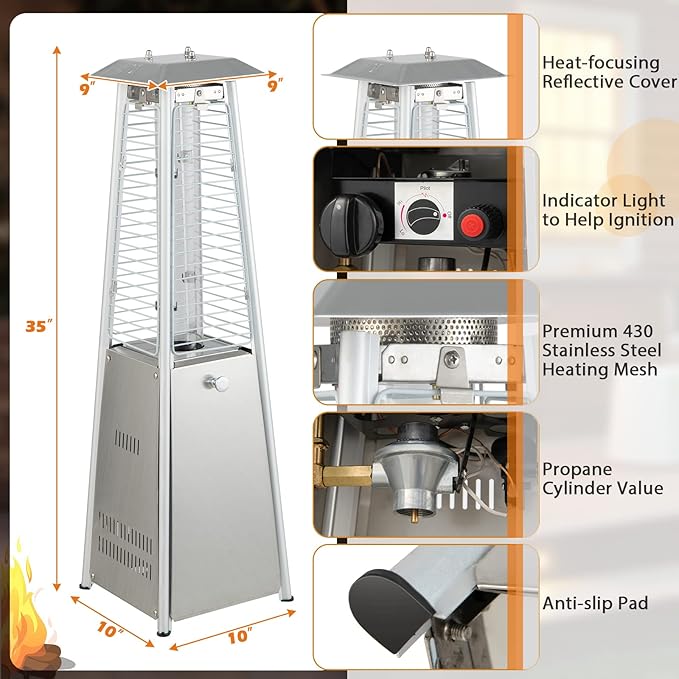 ARLIME Pyramid Patio Heater, Outdoor Propane Patio Heating Machine w/Protective Cover, Dump & Flame-out Protection, 10000 BTU Space Heater for Terrace, Patio, Backyard, Garden (Silver)