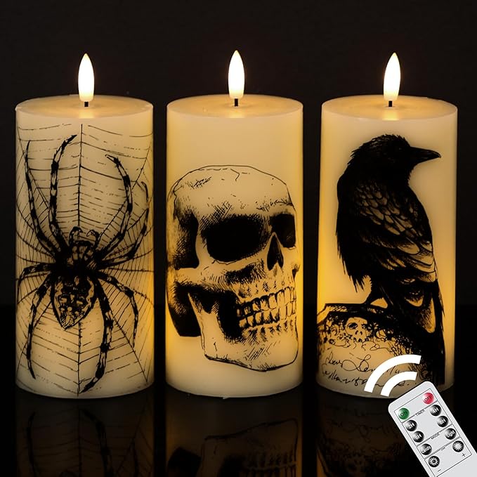 Eldnacele Halloween Flickering Candles Remote with Skull, Spider Web, Crow Raven Decals Set of 3, Battery Operated Halloween Themed LED Candles Horror Spooky Decoration
