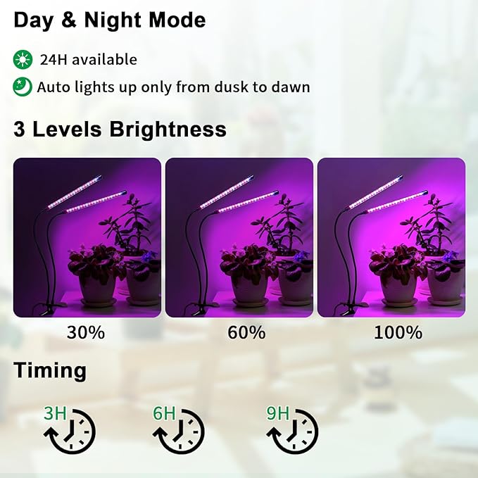 Auzev Solar Plant Grow Light Solar Clip On LED Growing Lamps for Indoor Plants Growth, with 16.4FT Cable, 3/6/9H Timer, 3 Spectral Modes, Flexible Gooseneck, Dimmable, Run Day/Night