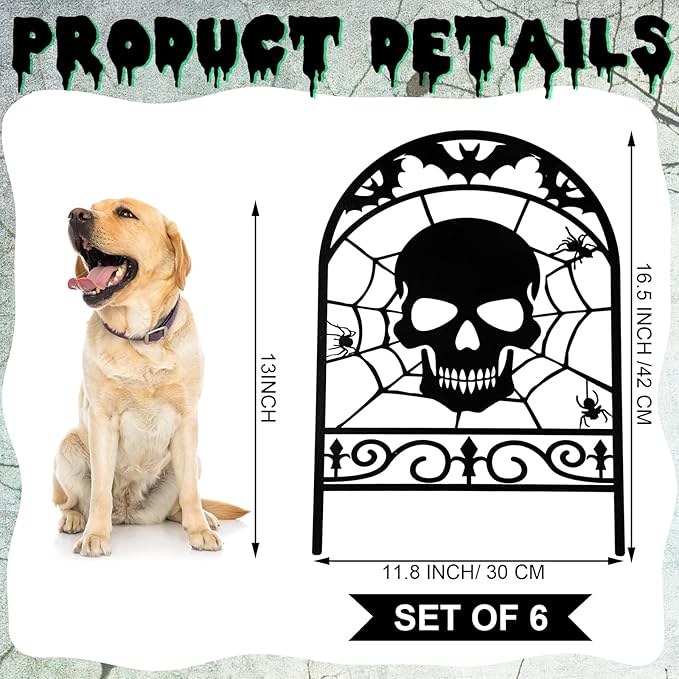 6 Pack Halloween Skull Fence Outdoor Decoration Spooky Graveyard Fence for Halloween Yard Party Decor, Black Metal Decorative Garden Stake Yard Sign for Lawn Porch, 16.5''h x 11.8''w