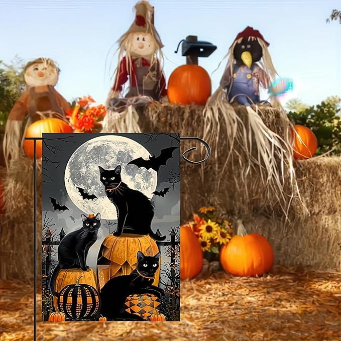 Scary Pumpkin Black Cat Spooky Welcome Halloween Cat 12 X 18 Inches Double-Sided House Flags