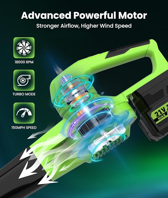 21V Lightweight Leaf Blower Cordless with Battery and Charger 2 x 4.0Ah Powerful 2-Speed Electric Blowers for Lawn Care, Blowing Leaves, Patio, House, Depot (Green)