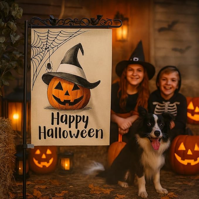 Halloween Garden Flag 12x18 Double Sided – Burlap Yard Flag with Pumpkin Wearing Hat and Spider Web for Outdoor Fall Halloween Decor