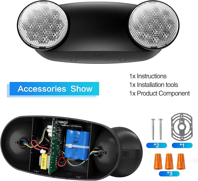 Spectsun 12 Pack Black Emergency Light with Battery Backup - Round 2 Heads UL Certified Wall Mount Exit Sign - 120/277V Indoor Emergency Exit Light Fixture