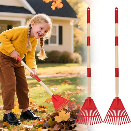 Acostop 2 Pcs Kids Rakes with Wood Handle - 34" Lightweight Plastic Garden Rake for Leaves, Safe to Use Kid Yard Tools for Boys Girls Fall Gardening Gifts (Red)
