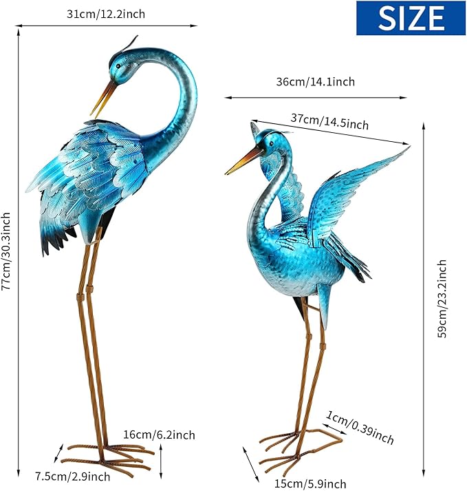 Garden Crane Statues for Outdoor Blue Heron Metal Birds Yard Art Ornaments for Backyard Pond Patio Porch Outside Decorations