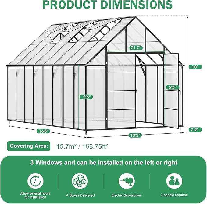 Greenhouse, 10x16 FT Easy Assembly Hybrid Polycarbonate Greenhouses for Outdoors w/3 Vent Windows & Swing Door Walk-in Green Houses Aluminum GreenHouses for Garden, Black