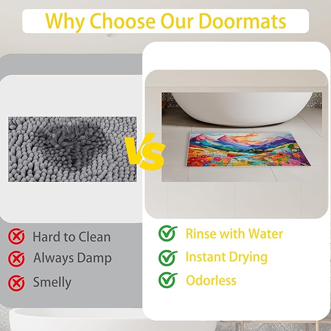 Colorful Mountain Flowers Indoor Outdoor Rugs,Modern Abstract Doormat Outside Entrance,Non-Slip Welcome Mat Indoor Felt Floor Mat for Back Door Patio, Porch,Home Entryway,30 x 17 Inch