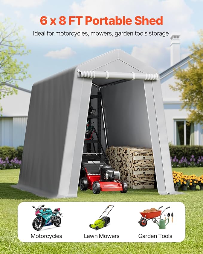 VEVOR 6x8x7 FT Portable Outdoor Storage Shed, Heavy-Duty Waterproof Shelter with Roll-Up Zipper Door & Vents, UV-Resistant Carport for Motorcycle, Bike, Lawn Mower, Tools, Gray
