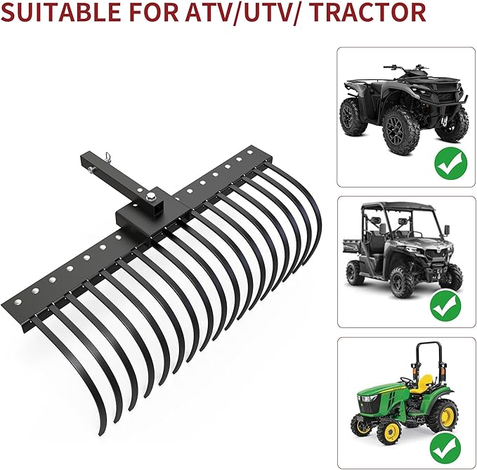YITAMOTOR 4FT Tractors Rake 17 Pine Straw Rake Fits 2" Receiver for Lawn Tractors or ATV/UTV