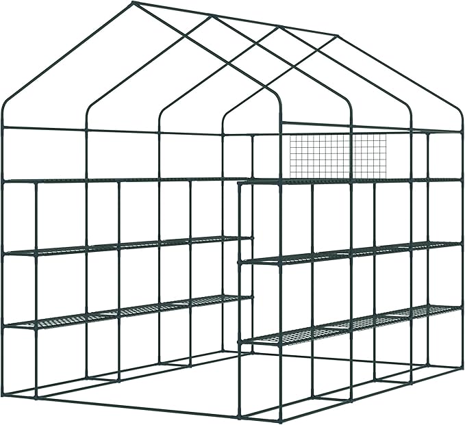 Outsunny 8' x 6' x 7' Walk-in Greenhouse with Mesh Door and Windows, 18 Shelf Green House with Trellis, Plant Labels, UV Protective for Growing Flowers, Herbs, Vegetables, Saplings, Green