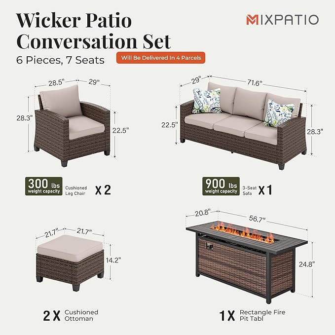 Patio Furniture Set, 6 Pcs Wicker Rattan Outdoor Conversation Set, 2 x Leg Chairs, 1 x 3 Seater Sofa and 2 x Ottoman with 4" Thick Cushion and 56" Fire Pit Table, Beige