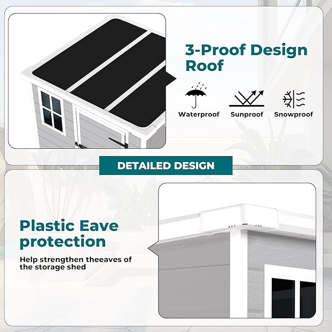 6x6 FT Storage Shed,Garden House with Lockable Doors and Vents,Waterproof Resin Outdoor Tool Cabinet W/Floor & Window,for Bicycles,Lawnmowers,Lawn,All Weather Use,Light Gray